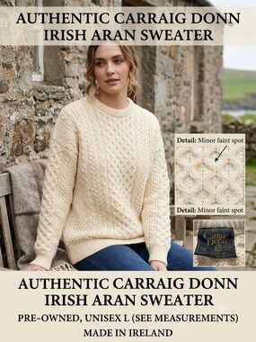 VTG Carraig Donn Ireland Pure New Wool Cable Knit Crewneck Sweater Cream Large